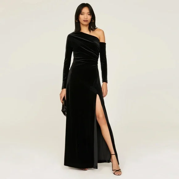 long sleeve tight fitted prom dresses Sexy Plunge V-neck Long Sleeves Prom Dresses Leg Split